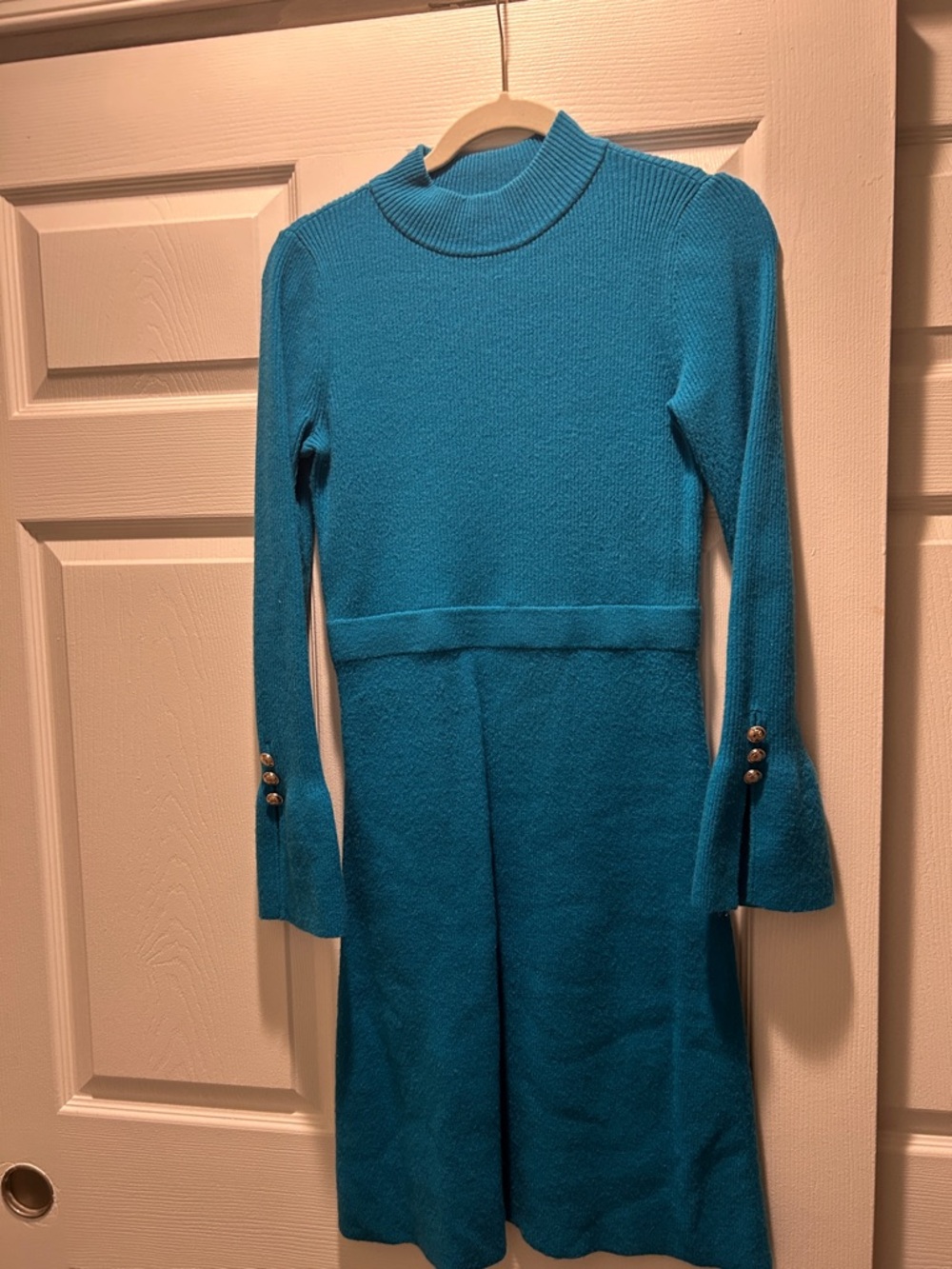 Ann taylor Teal Long Sleeve Knit Dress with Gold Button Detail